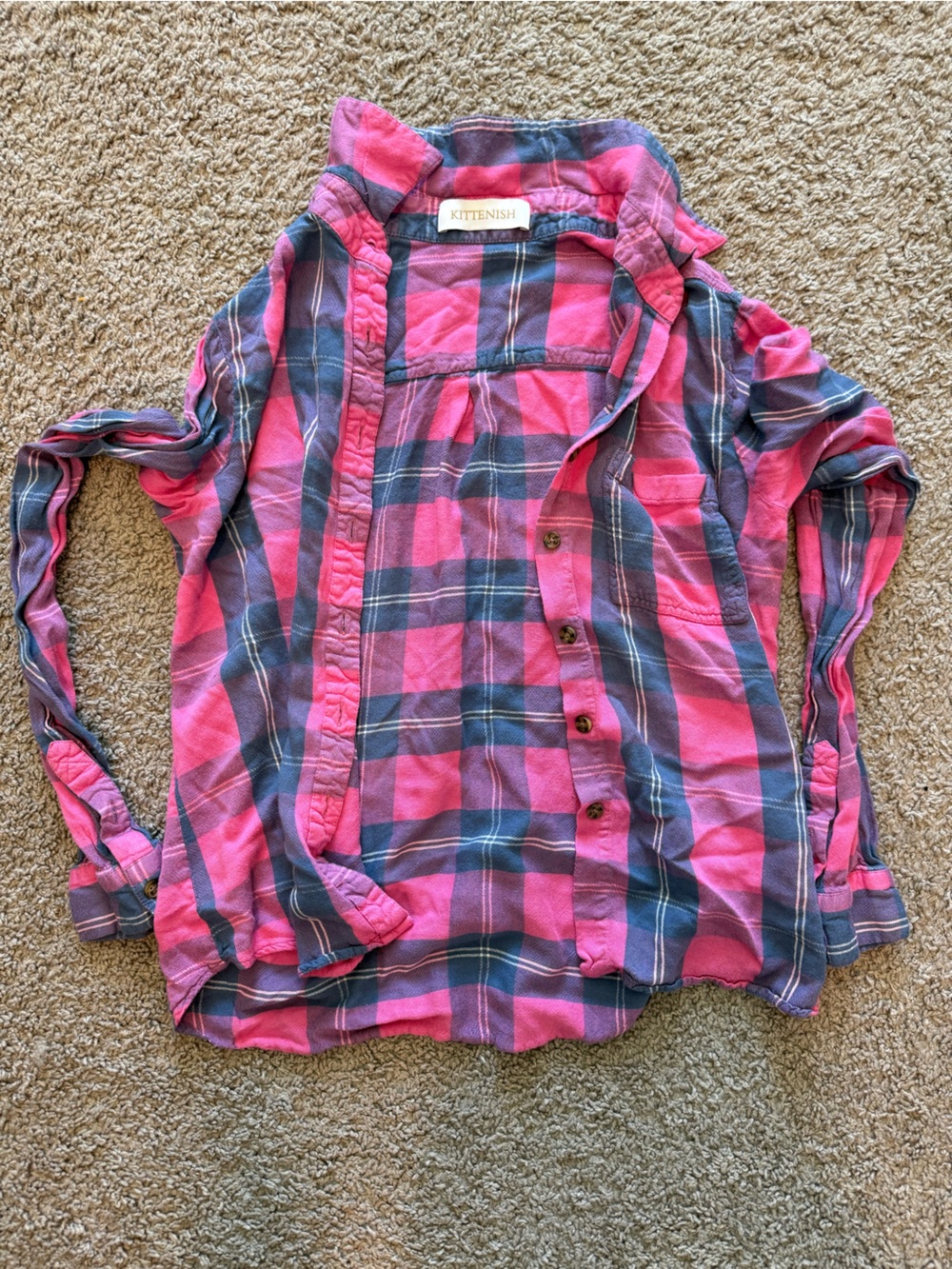 Kittenish Pink and Blue Plaid Girls' Button-Down Shirt